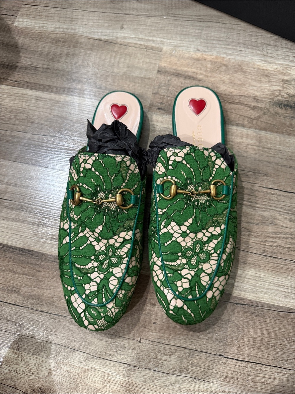 Green Lace Slip-On Women's Mules with Horsebit Detail